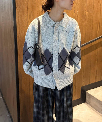 【UNISEX】菱格紋拼色領口雜色針織開衫