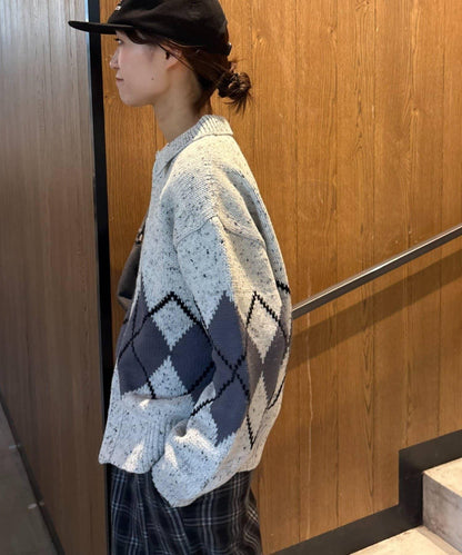 【UNISEX】菱格紋拼色領口雜色針織開衫