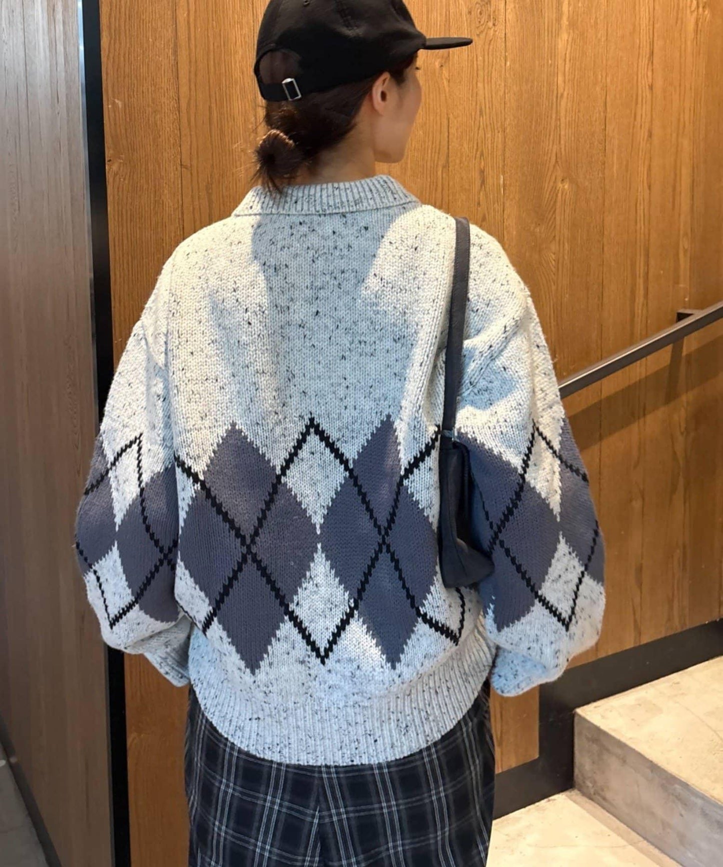 【UNISEX】菱格紋拼色領口雜色針織開衫