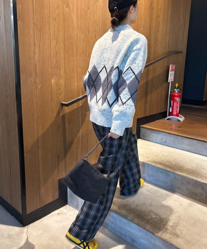 【UNISEX】菱格紋拼色領口雜色針織開衫