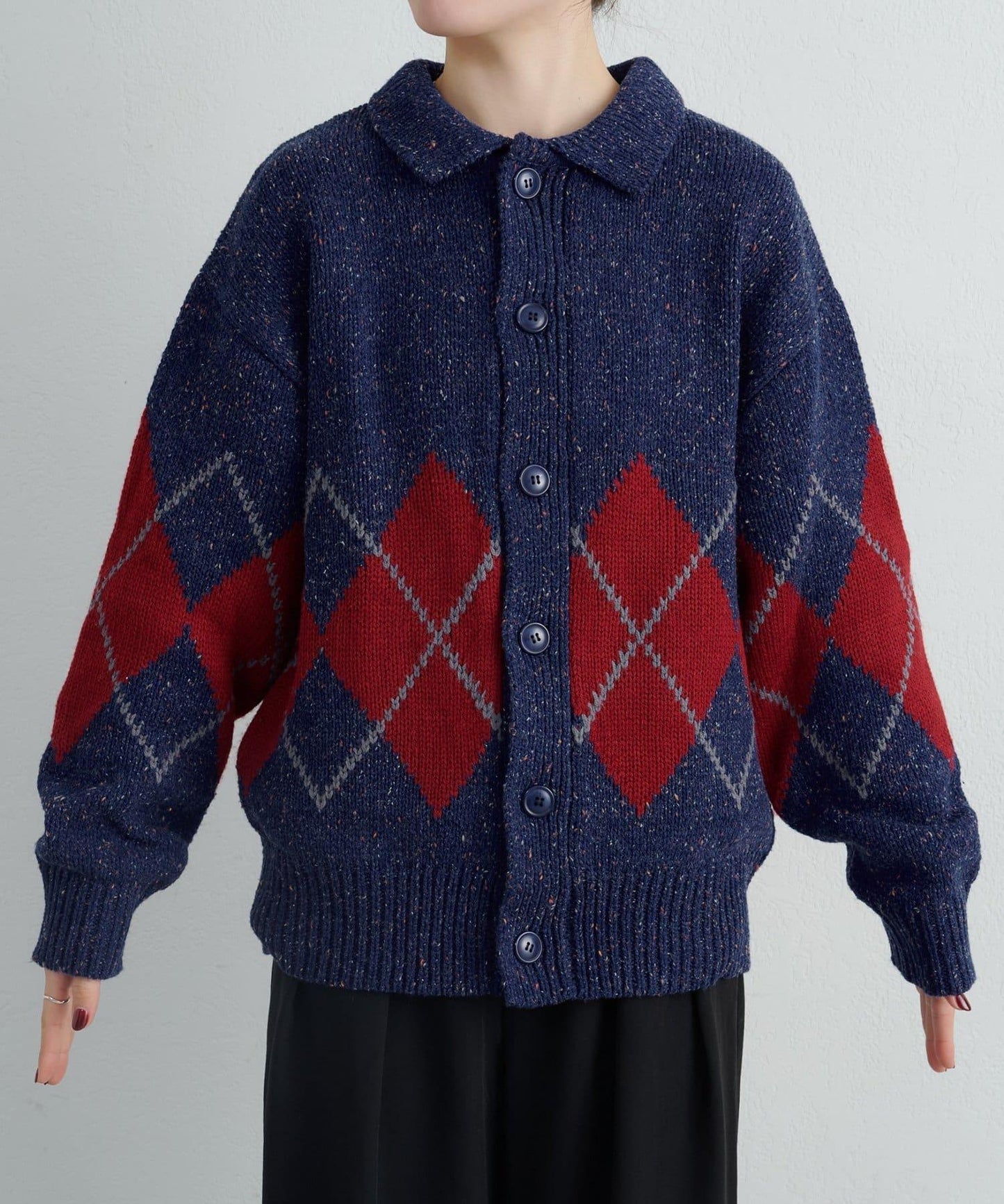 【UNISEX】菱格紋拼色領口雜色針織開衫