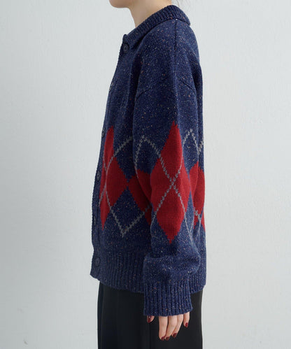 【UNISEX】菱格紋拼色領口雜色針織開衫