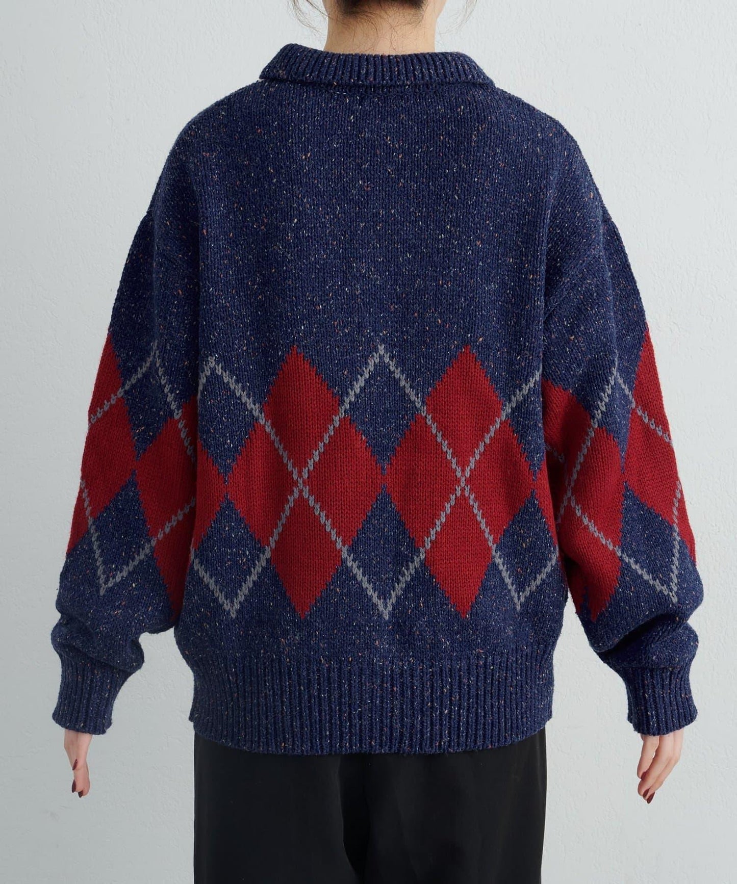 【UNISEX】菱格紋拼色領口雜色針織開衫