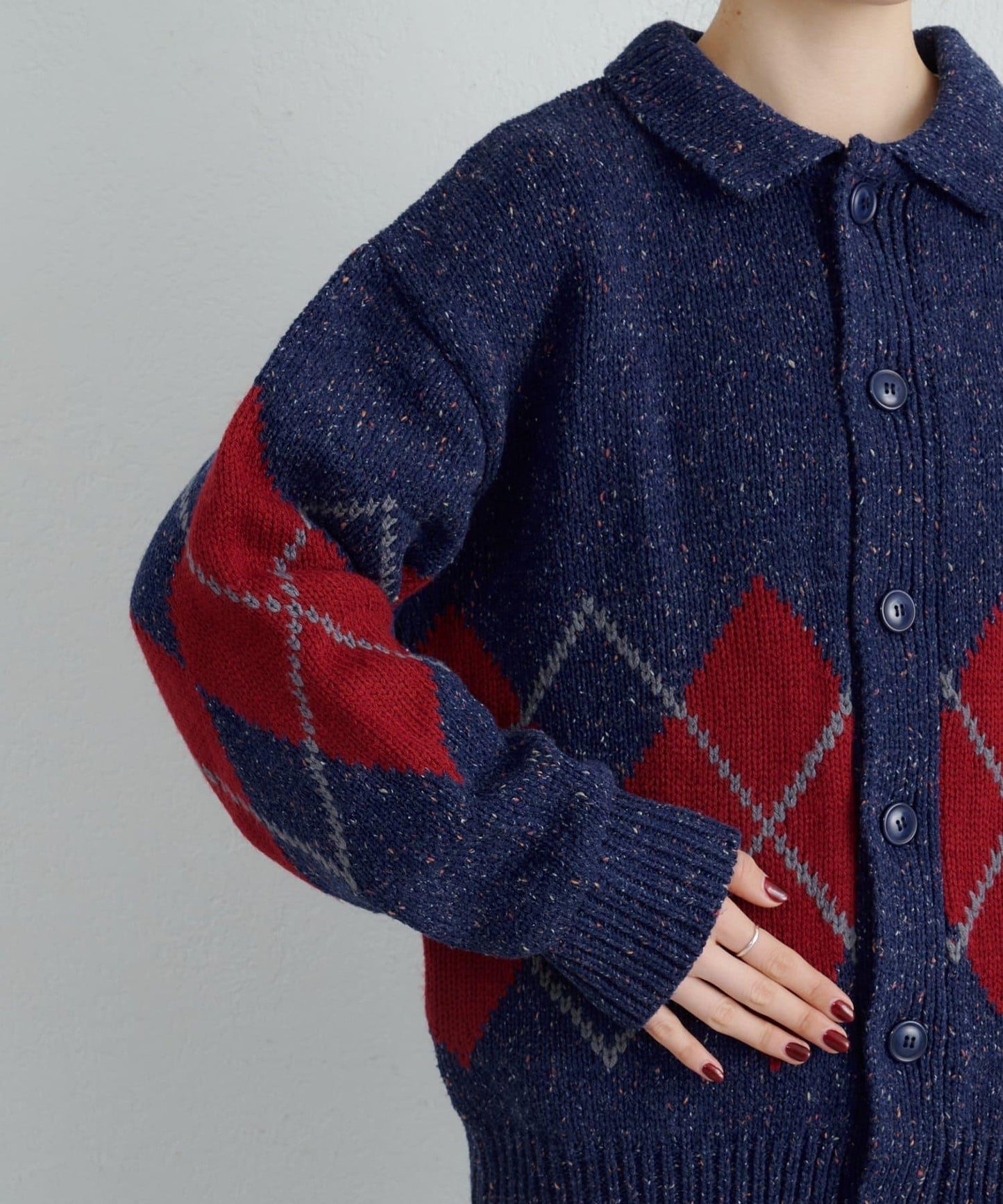 【UNISEX】菱格紋拼色領口雜色針織開衫