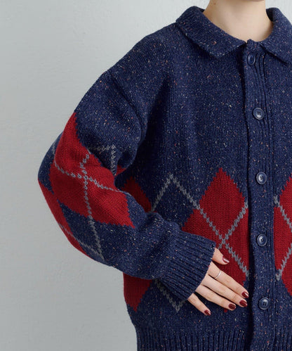 【UNISEX】菱格紋拼色領口雜色針織開衫