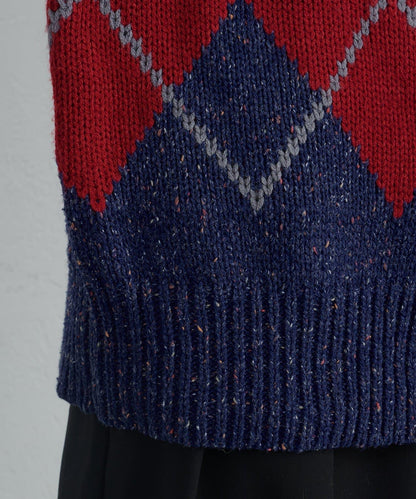 【UNISEX】菱格紋拼色領口雜色針織開衫