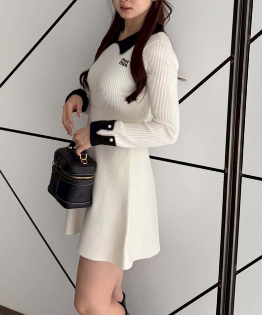 羽毛領羅紋針織連衣裙