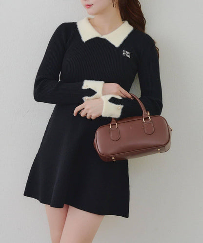 羽毛領羅紋針織連衣裙