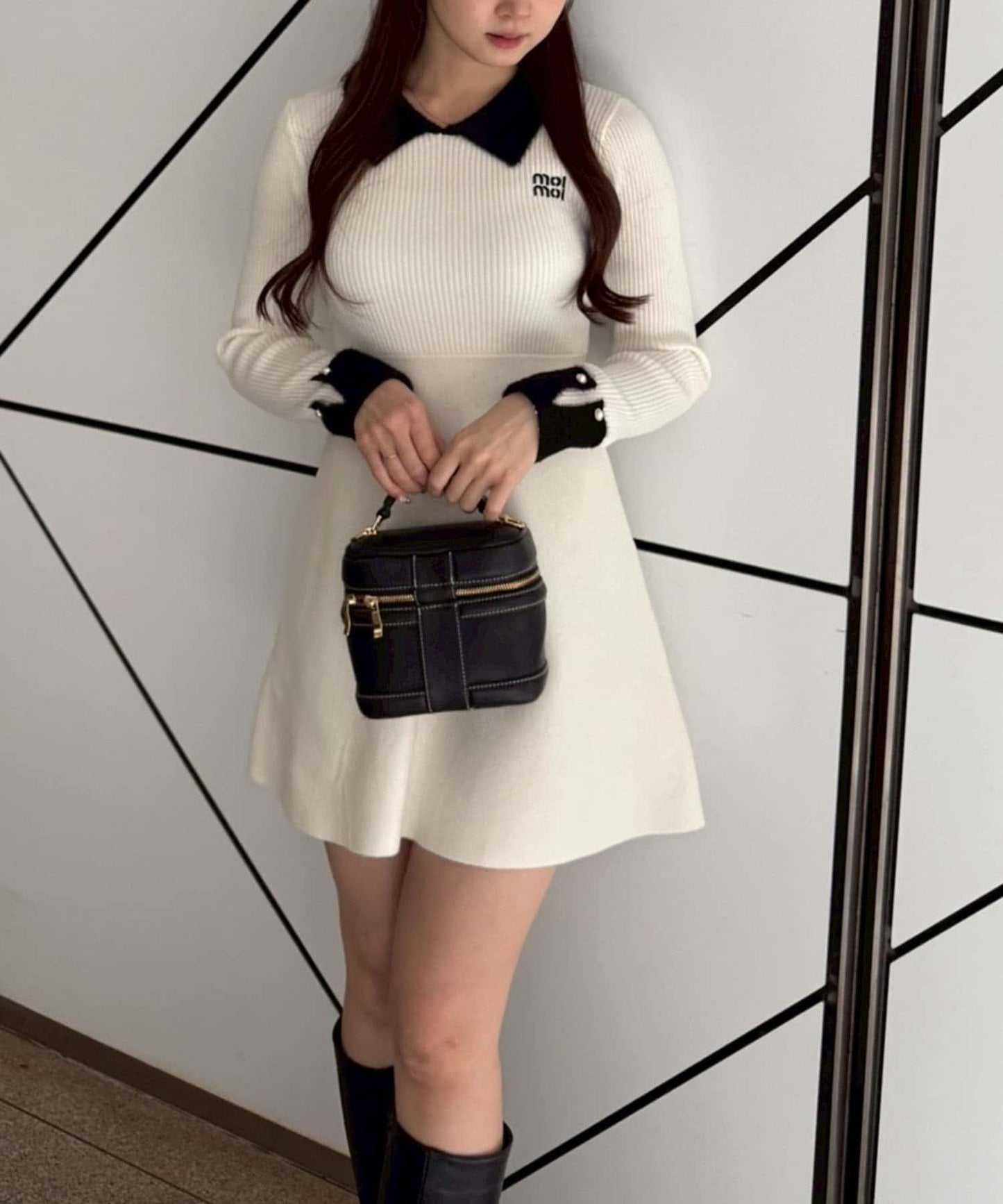 羽毛領羅紋針織連衣裙