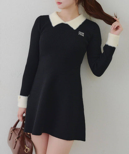 羽毛領羅紋針織連衣裙