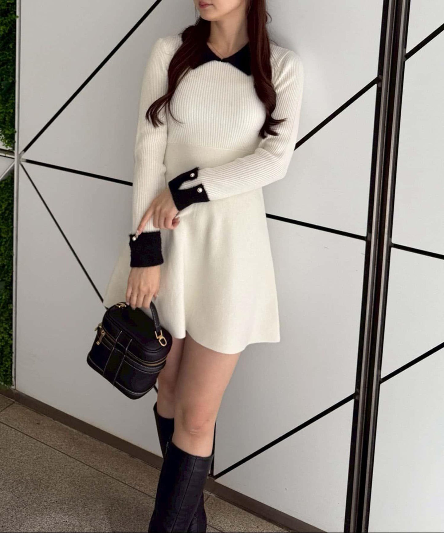 羽毛領羅紋針織連衣裙