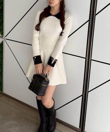 羽毛領羅紋針織連衣裙