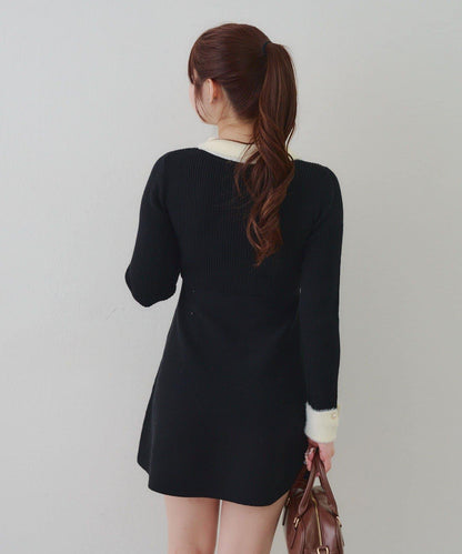 羽毛領羅紋針織連衣裙