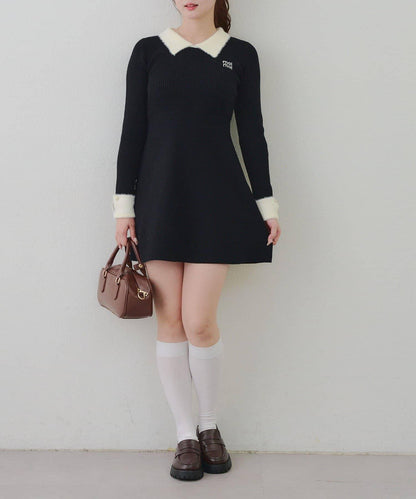 羽毛領羅紋針織連衣裙