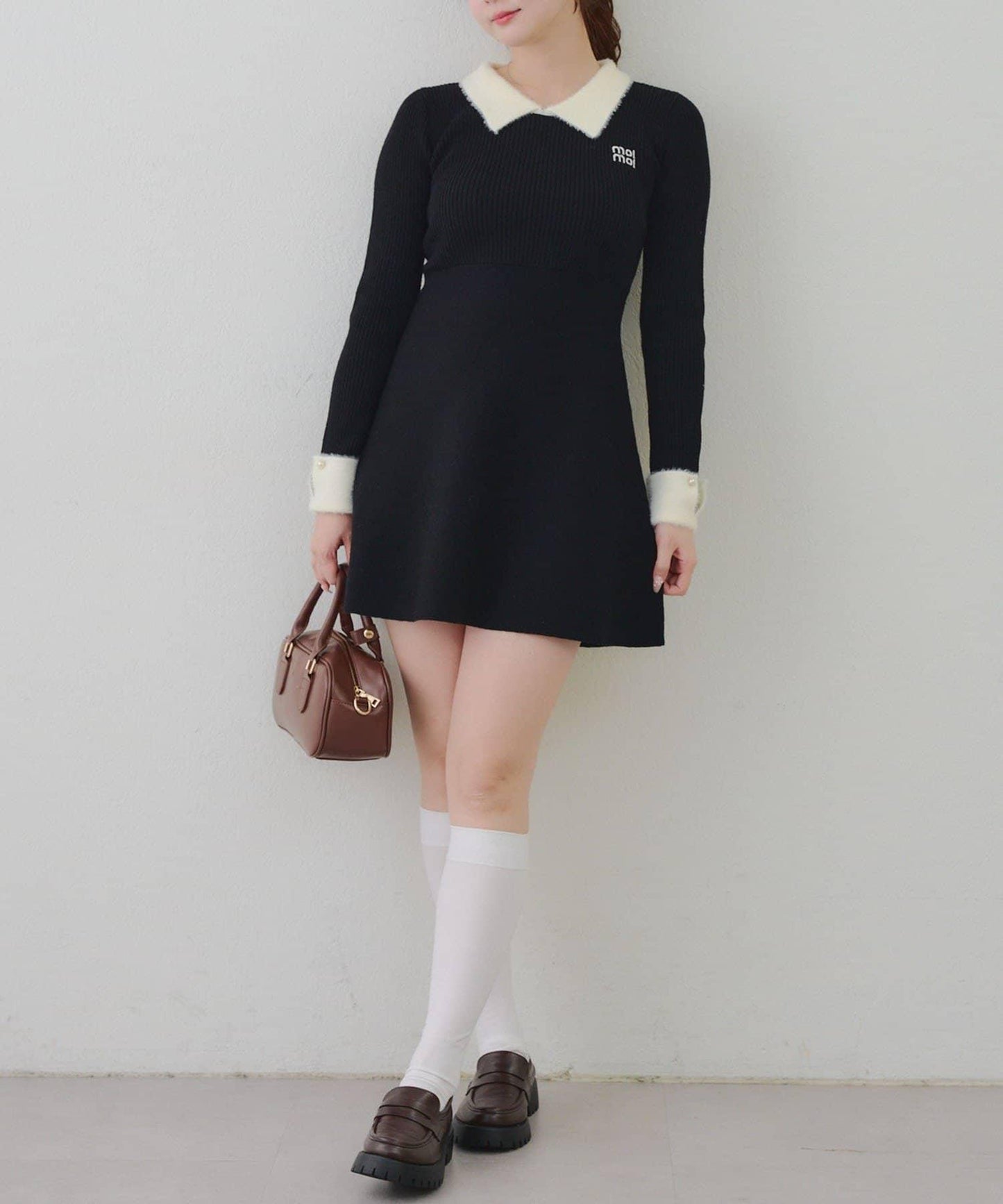 羽毛領羅紋針織連衣裙