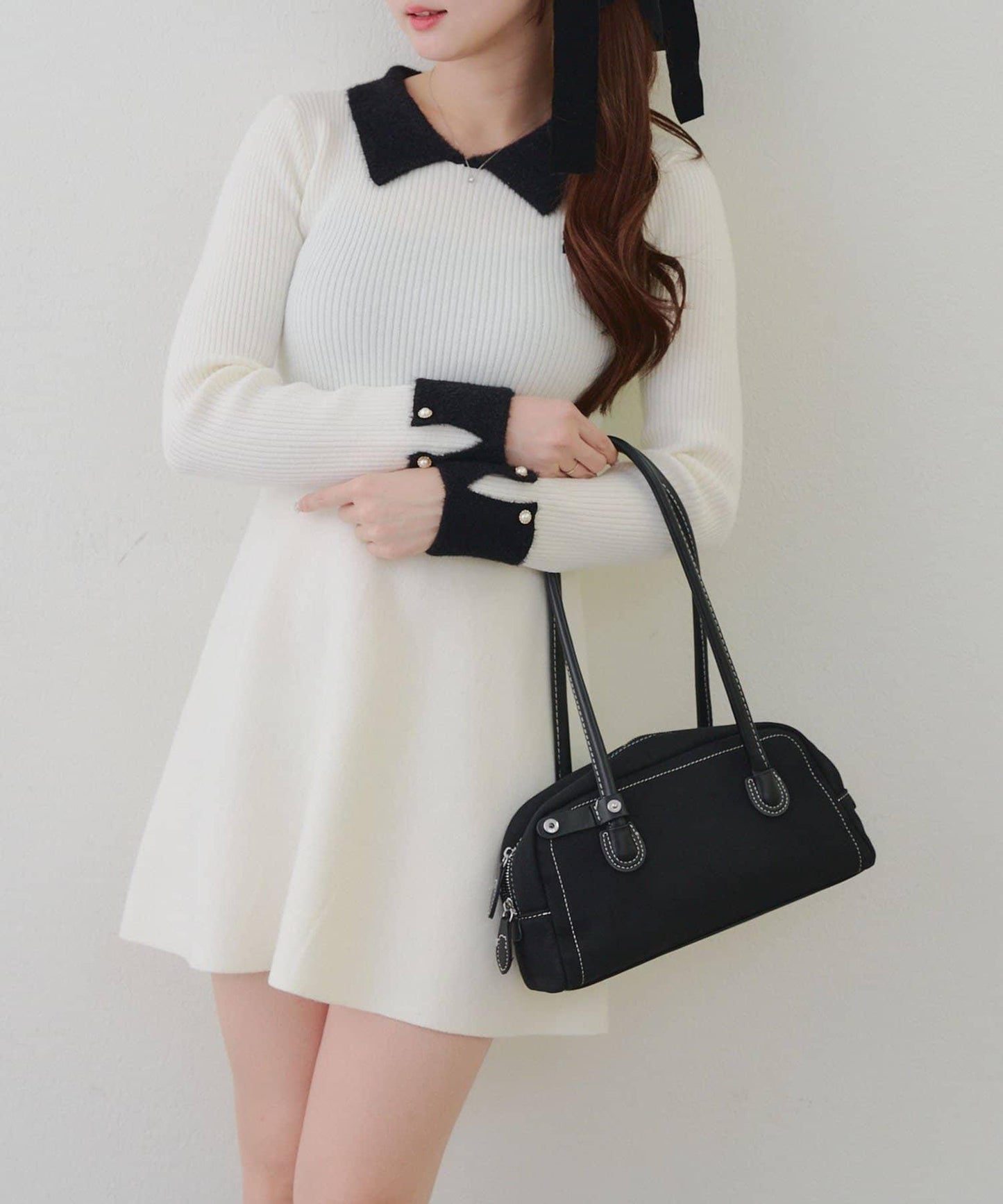 羽毛領羅紋針織連衣裙