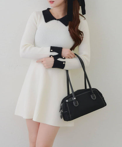 羽毛領羅紋針織連衣裙