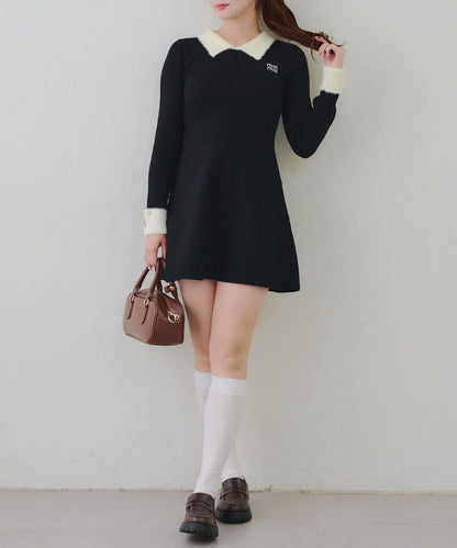 羽毛領羅紋針織連衣裙