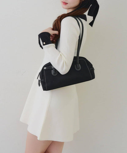 羽毛領羅紋針織連衣裙