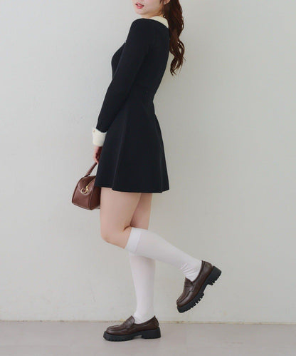 羽毛領羅紋針織連衣裙