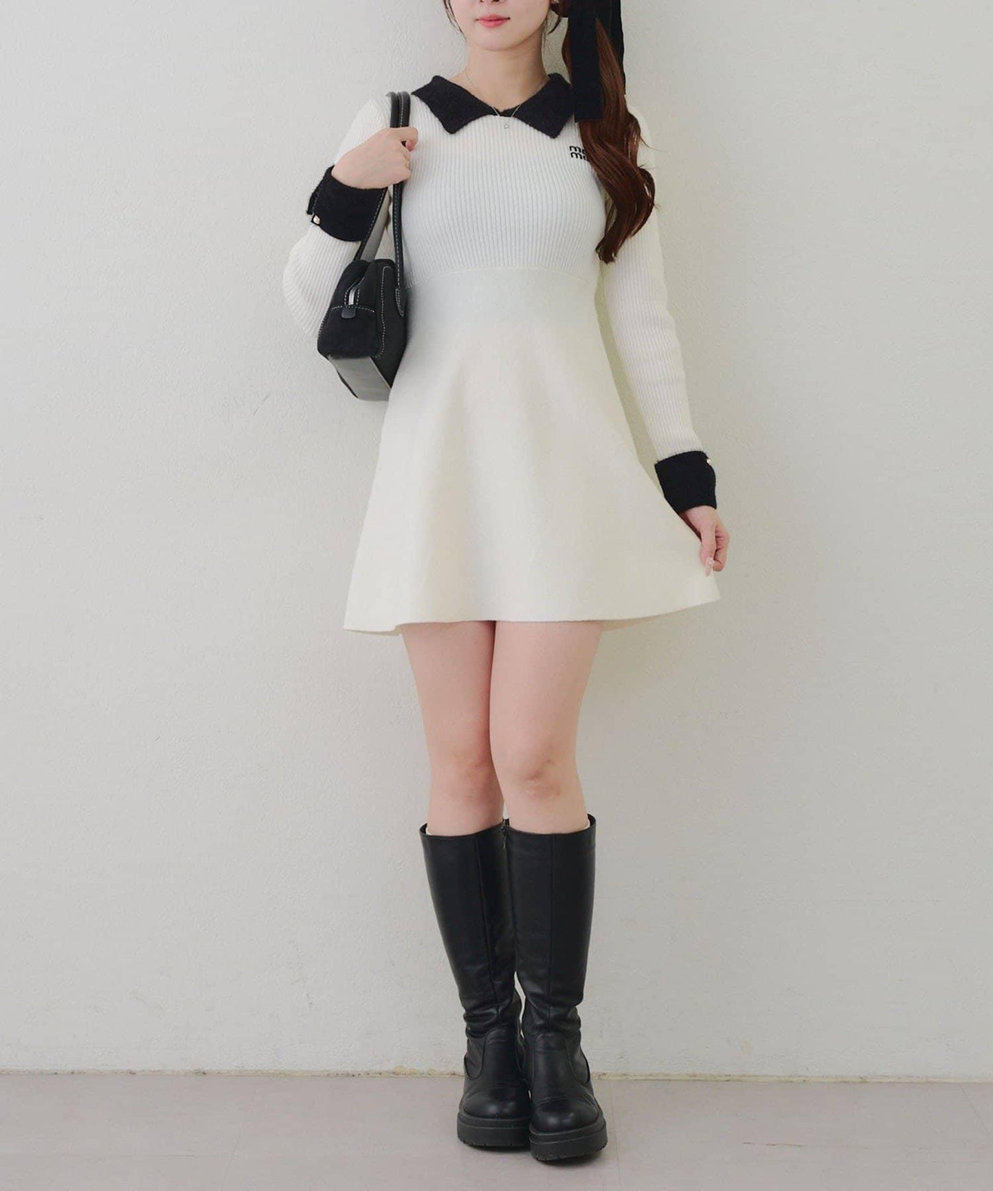 羽毛領羅紋針織連衣裙