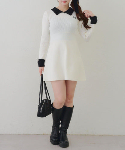 羽毛領羅紋針織連衣裙