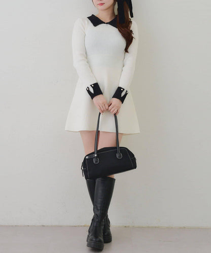 羽毛領羅紋針織連衣裙