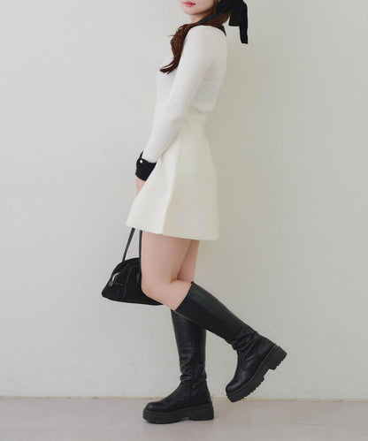 羽毛領羅紋針織連衣裙