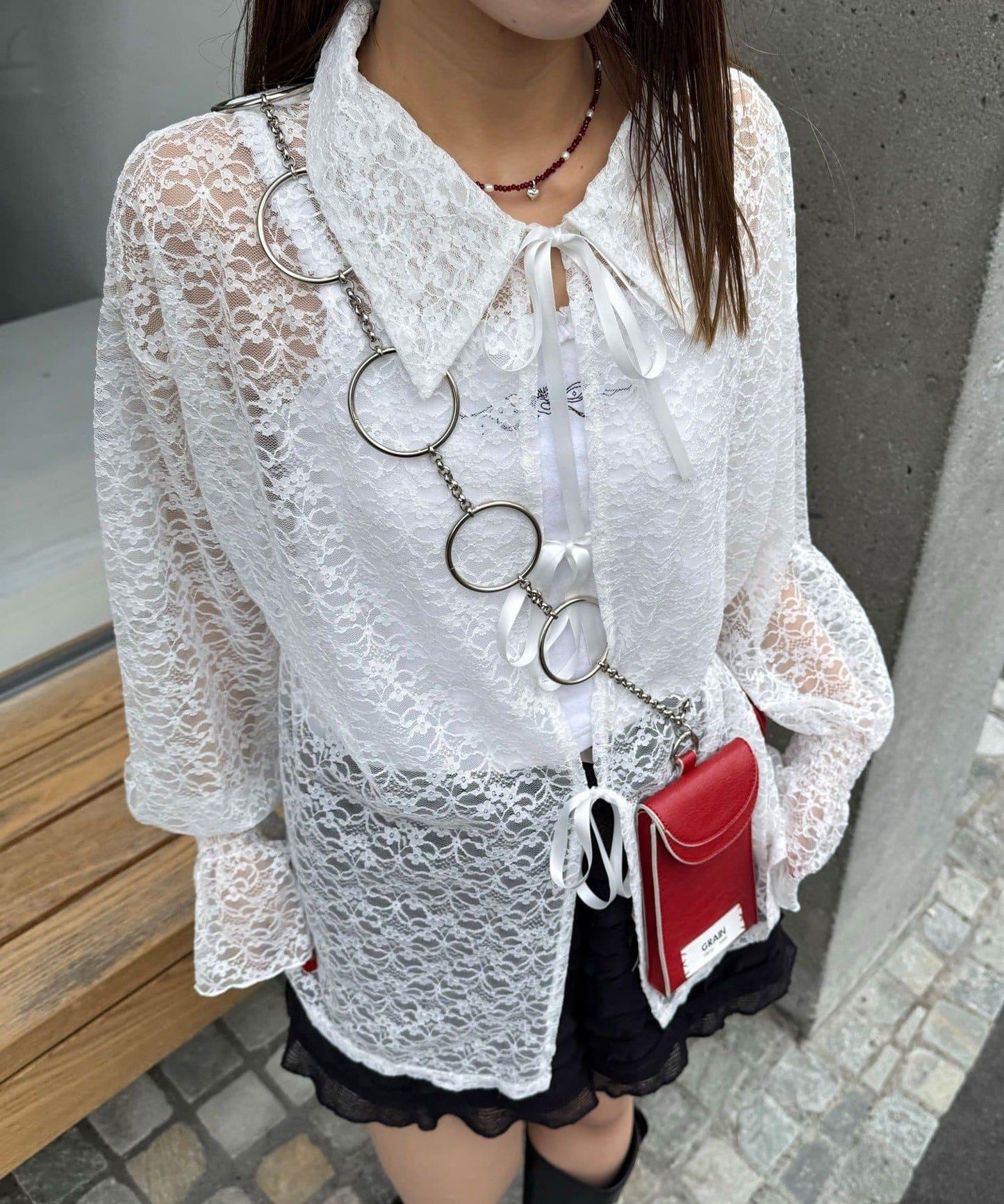 帶領蕾絲蝴蝶結開衫