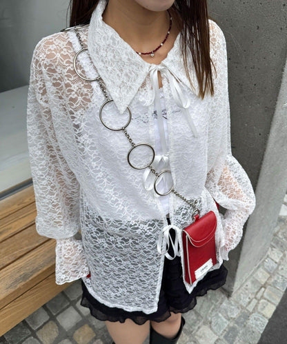 帶領蕾絲蝴蝶結開衫