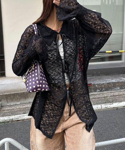 帶領蕾絲蝴蝶結開衫