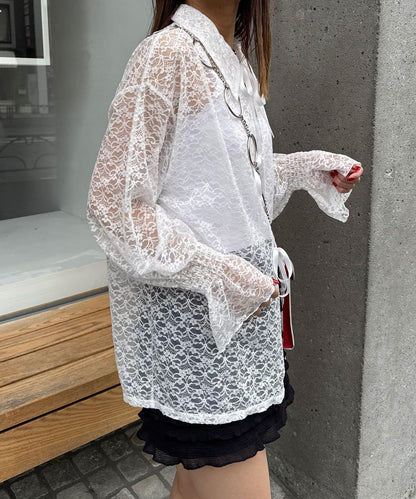 帶領蕾絲蝴蝶結開衫
