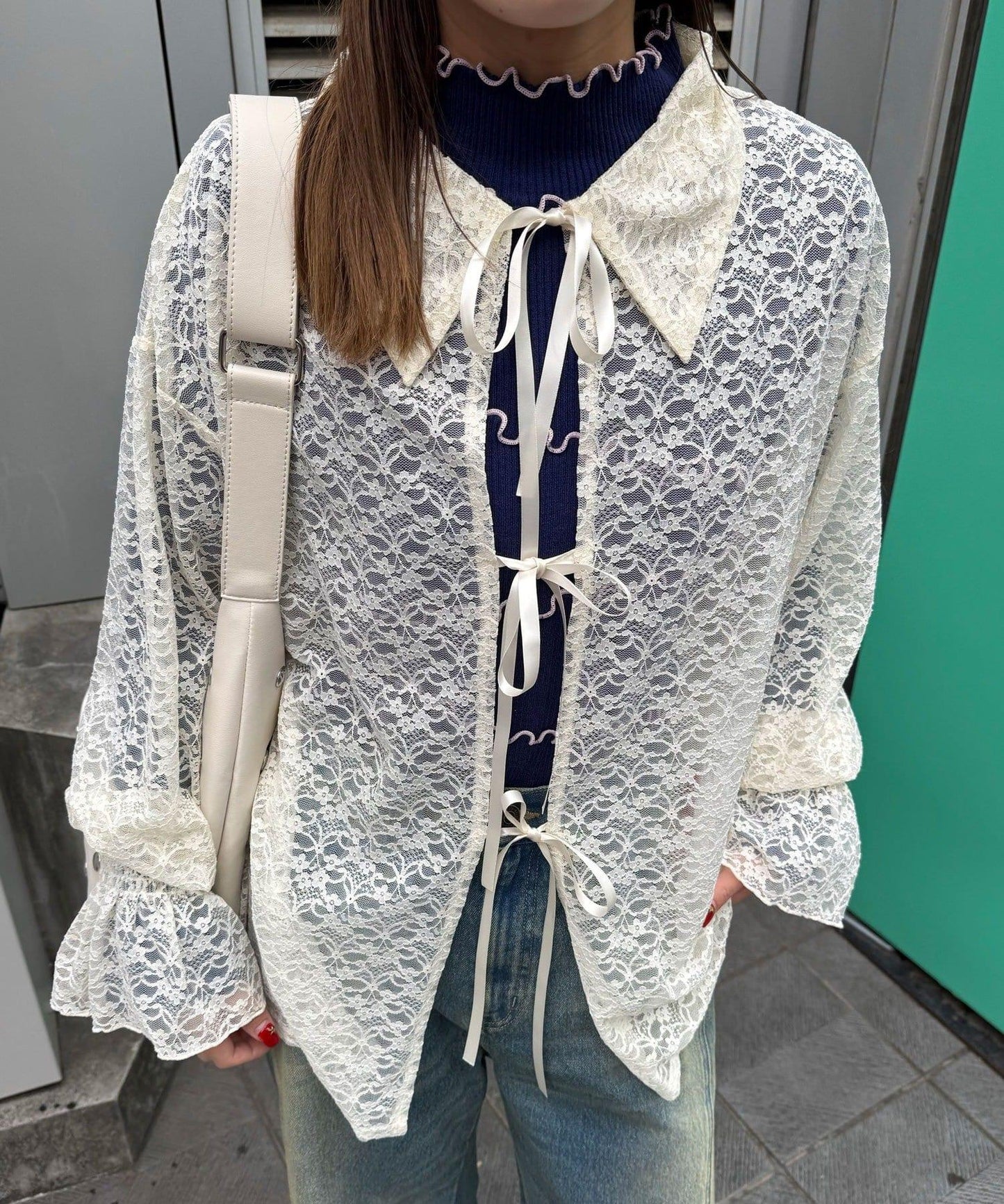 帶領蕾絲蝴蝶結開衫