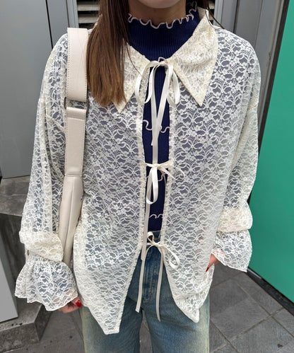 帶領蕾絲蝴蝶結開衫