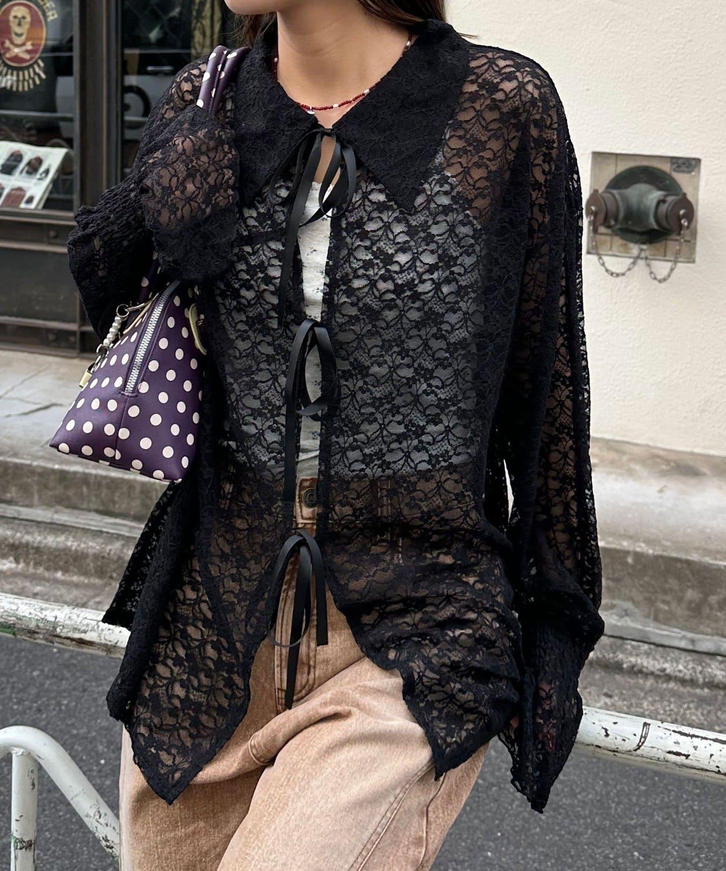 帶領蕾絲蝴蝶結開衫