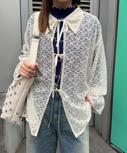 帶領蕾絲蝴蝶結開衫