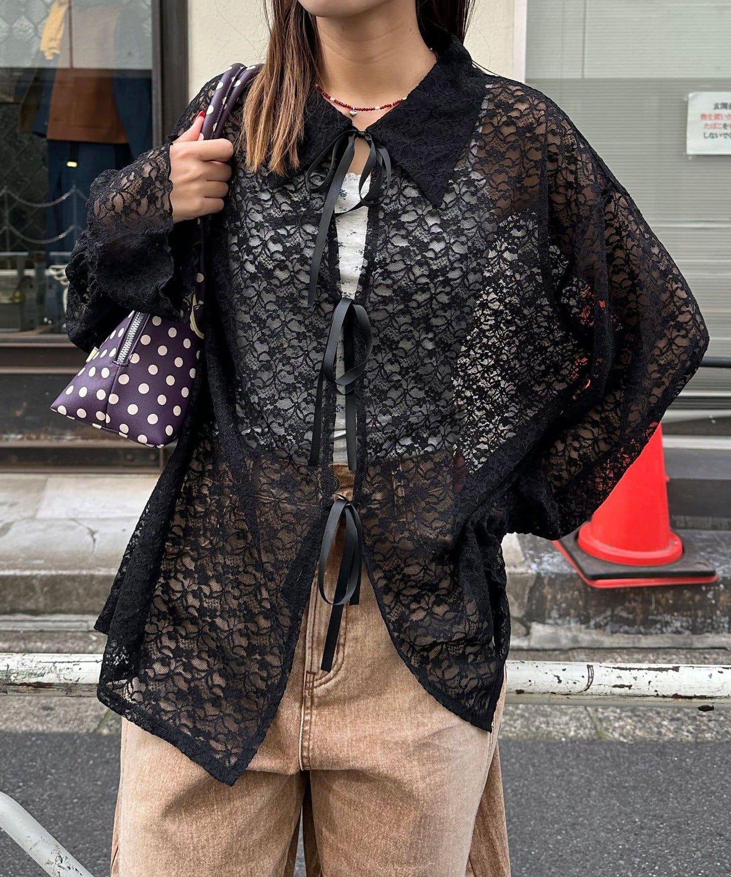 帶領蕾絲蝴蝶結開衫