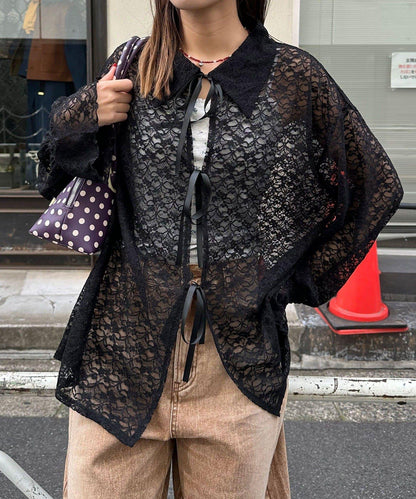 帶領蕾絲蝴蝶結開衫