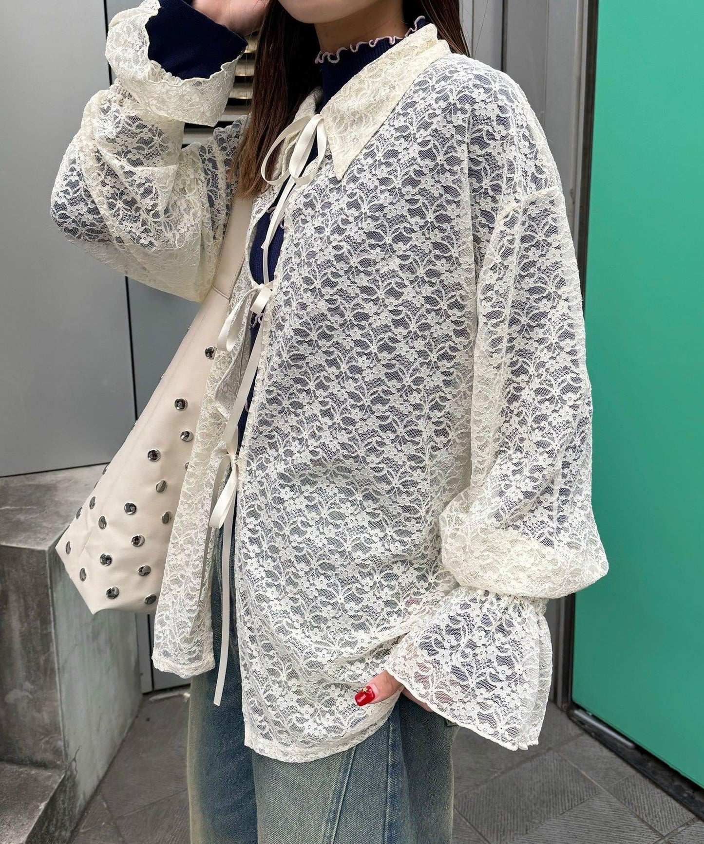 帶領蕾絲蝴蝶結開衫