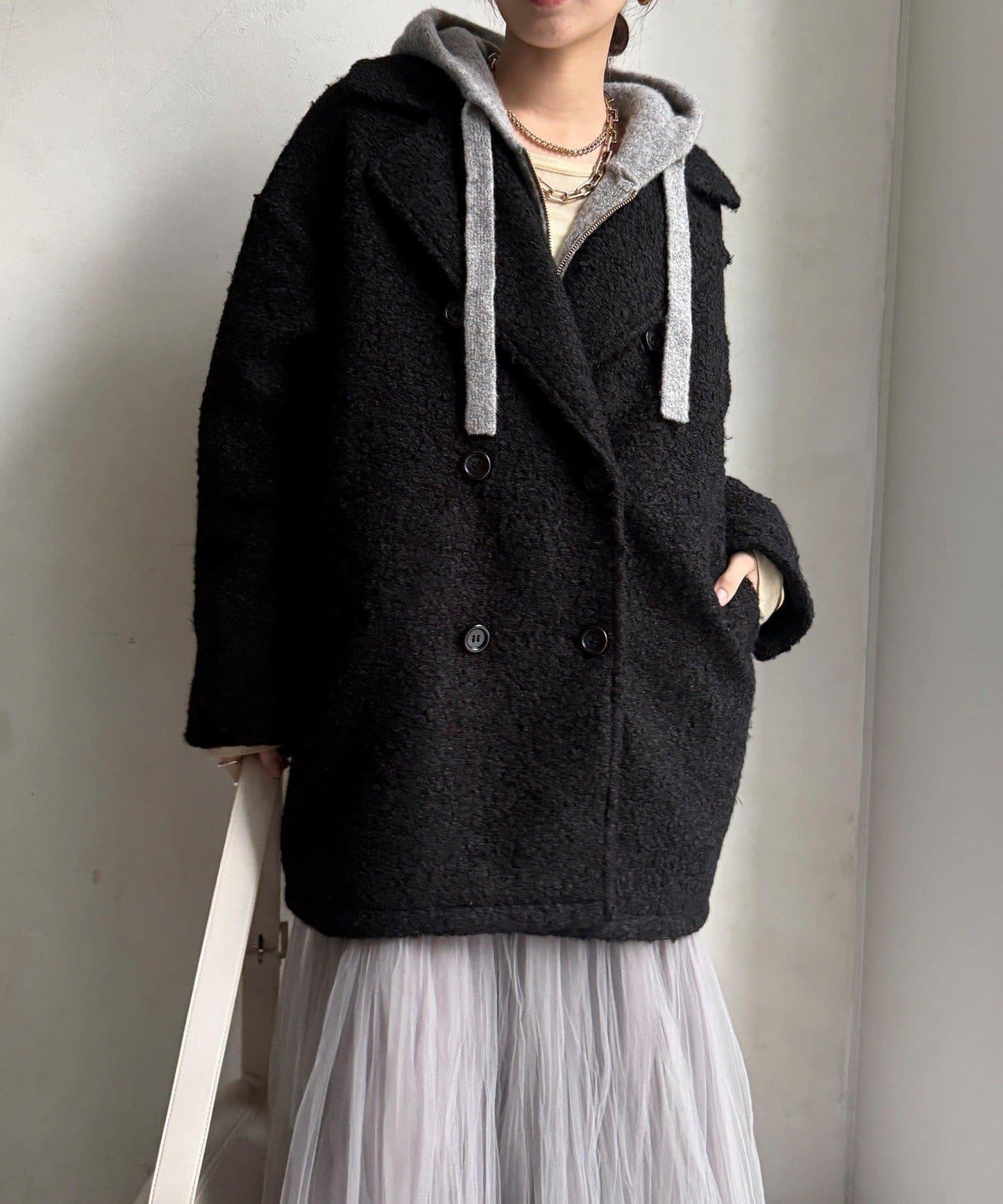 羊羔絨羽絨雙排扣西裝領大衣