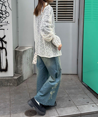 帶領蕾絲蝴蝶結開衫