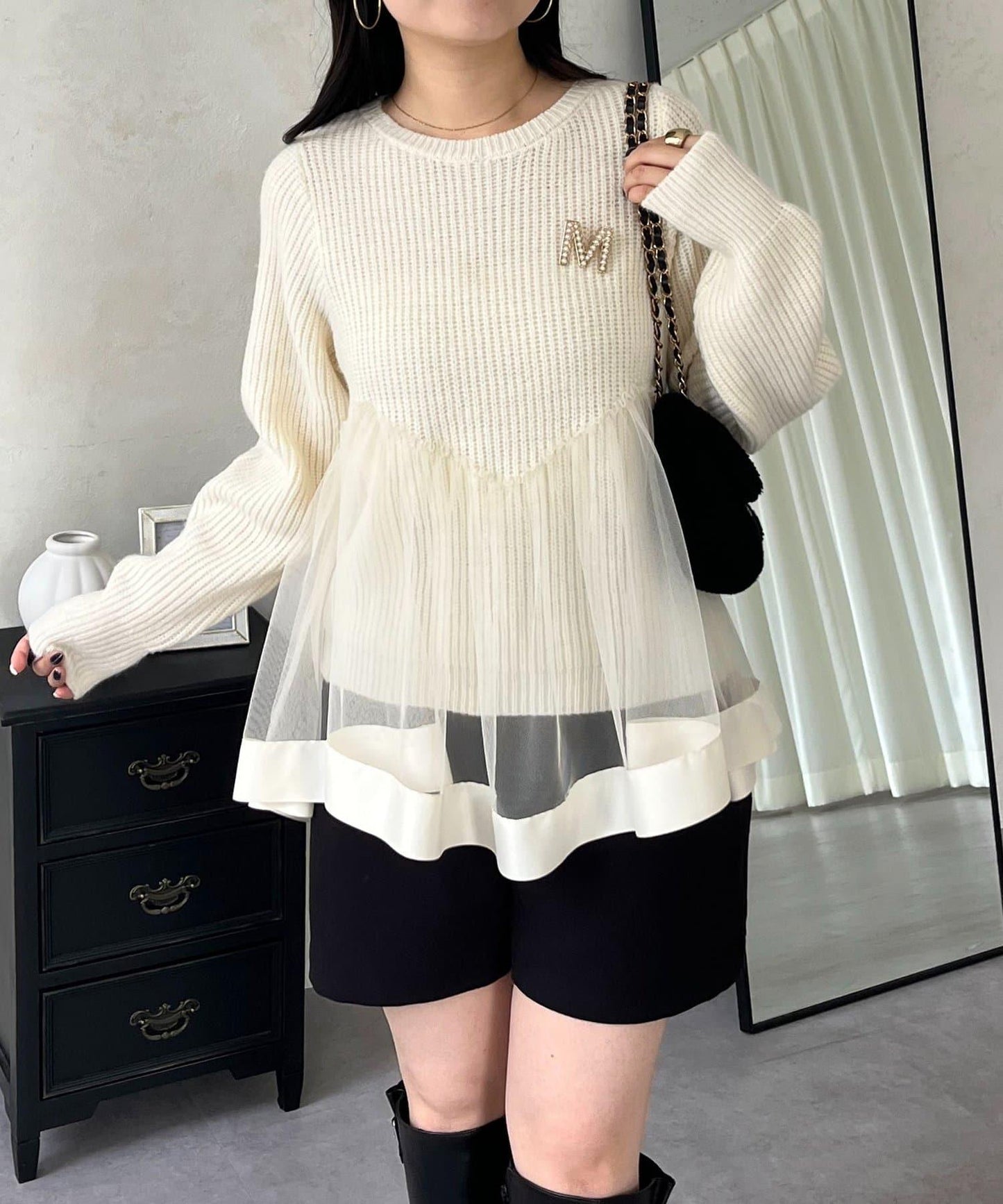 波浪線網紗拼接針織衫