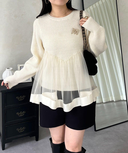 波浪線網紗拼接針織衫