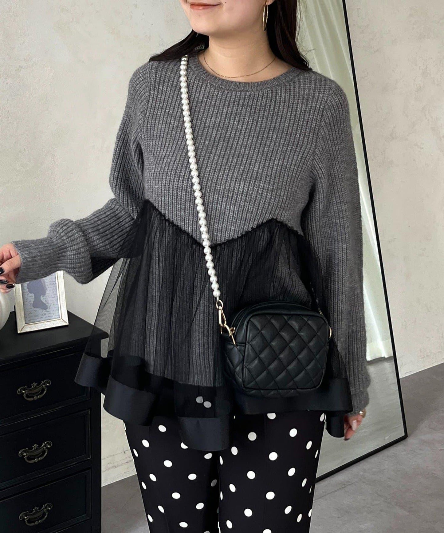 波浪線網紗拼接針織衫