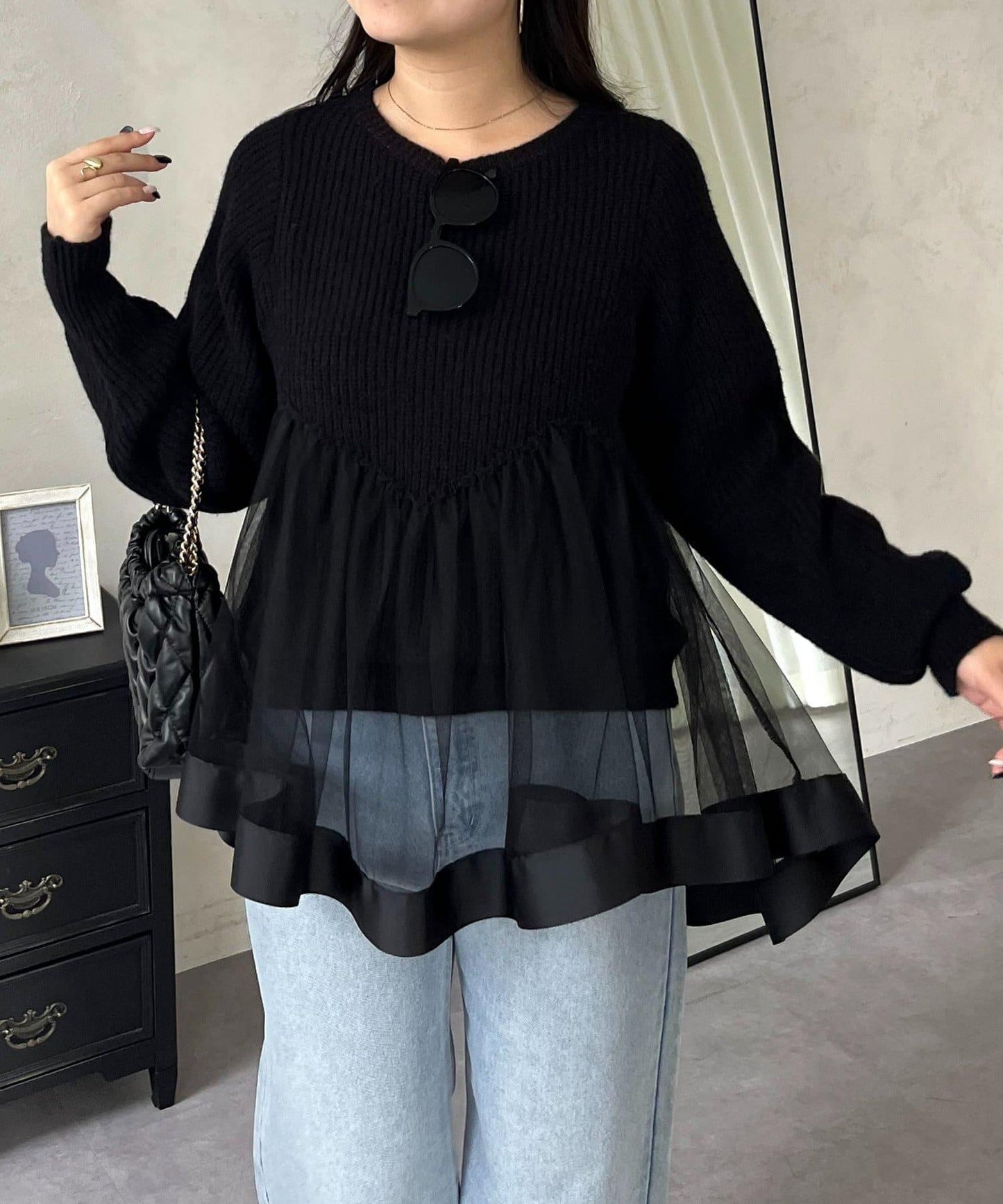 波浪線網紗拼接針織衫