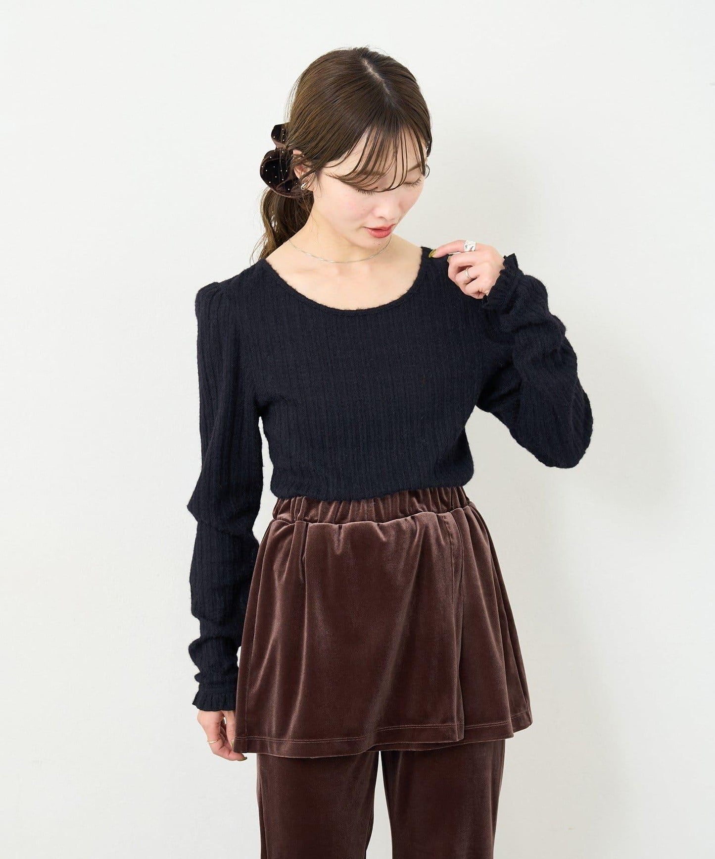 【4色可選/前後兩穿】B 長毛絨褶皺袖上衣