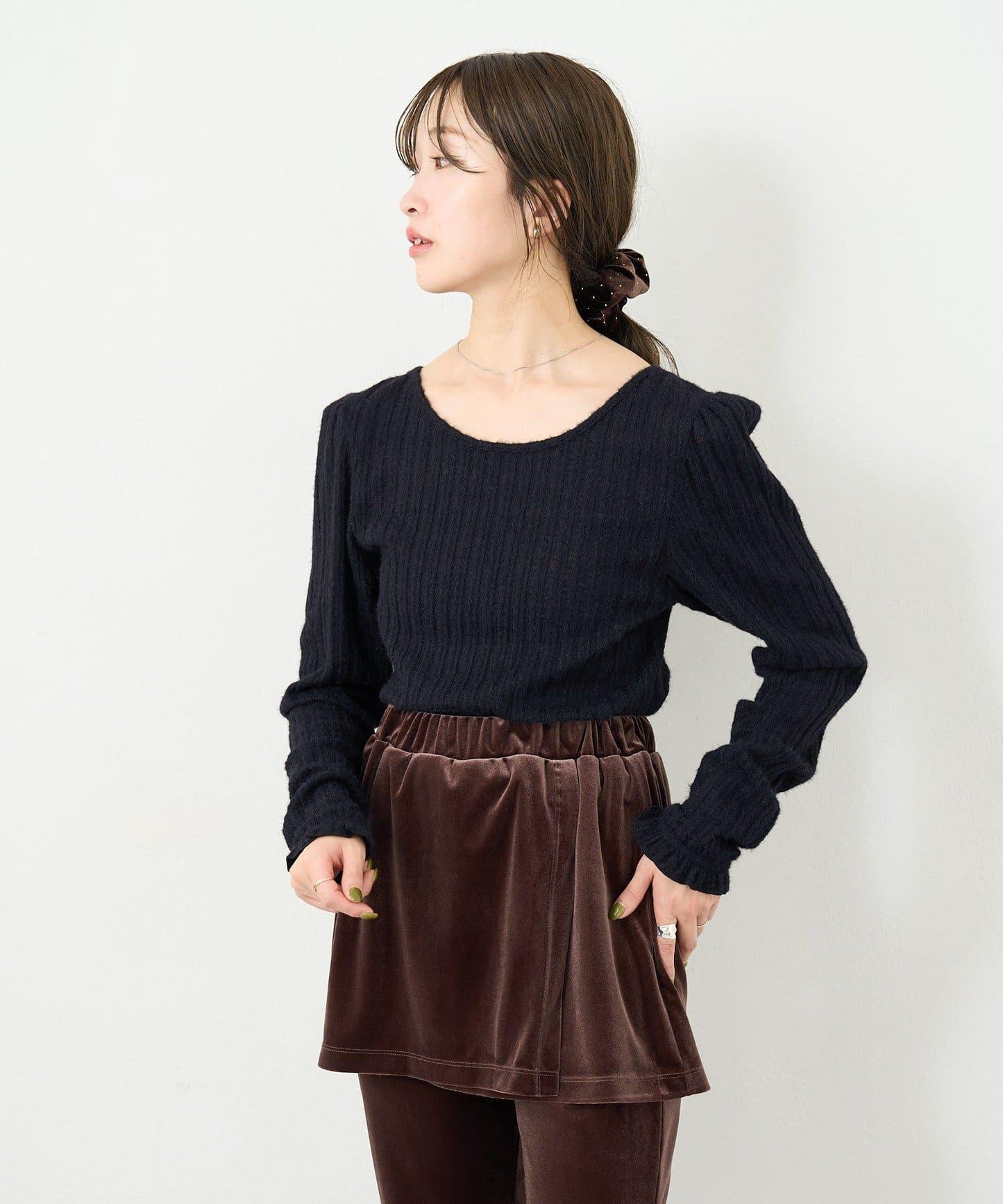 【4色可選/前後兩穿】B 長毛絨褶皺袖上衣