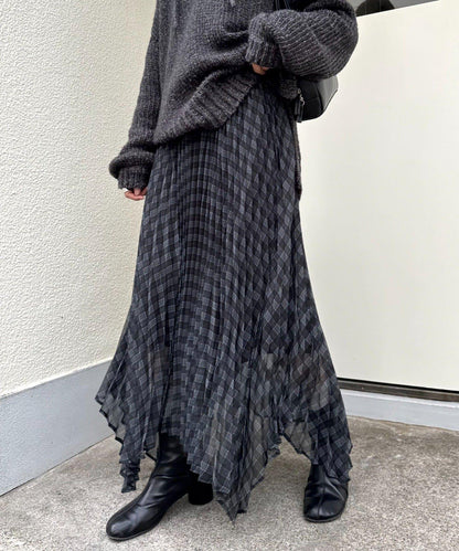 【也可作長款上衣】2WAY不規則下襬百褶格紋裙