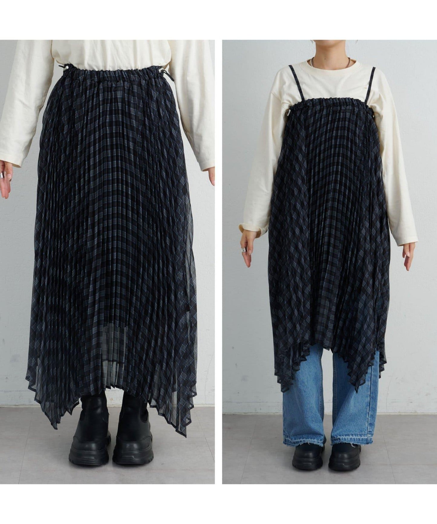 【也可作長款上衣】2WAY不規則下襬百褶格紋裙