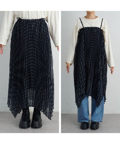 【也可作長款上衣】2WAY不規則下襬百褶格紋裙